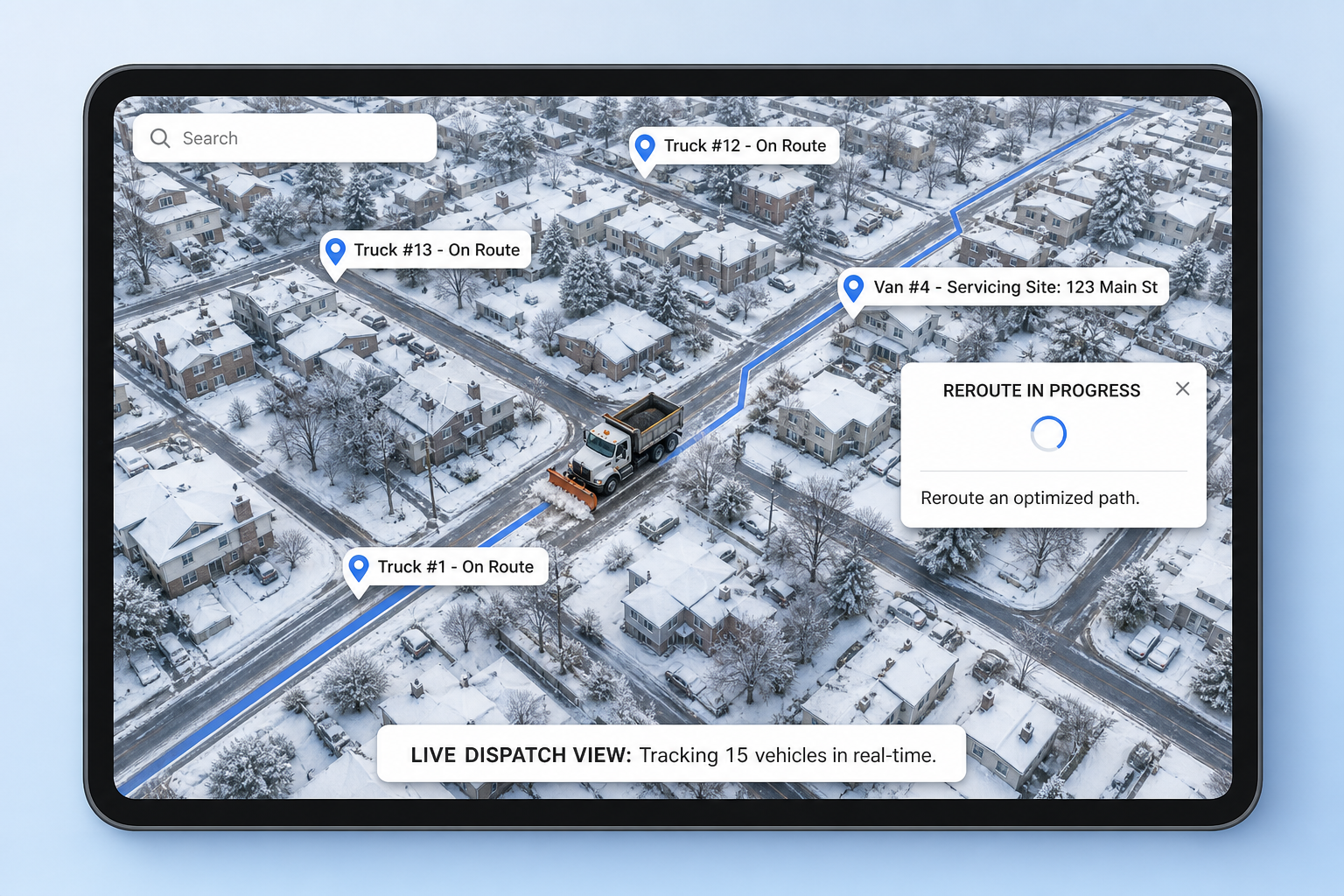 SnowLink live dispatch map tracking a snow plow truck on its route