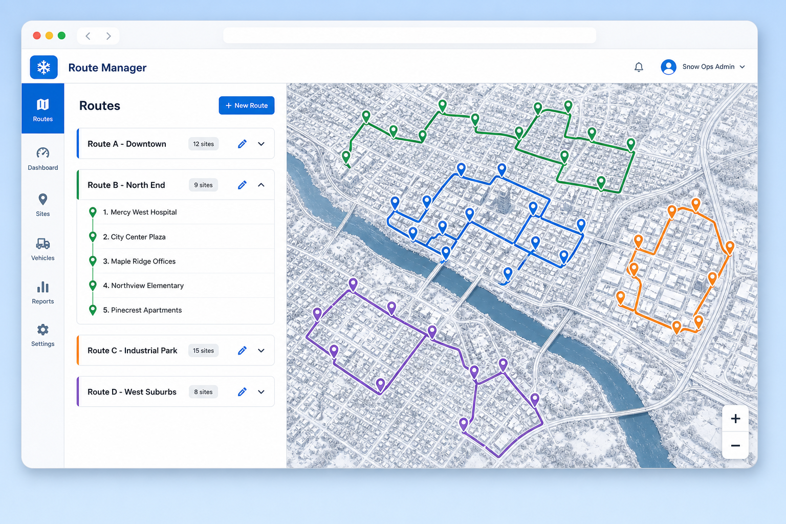 SnowLink route manager dashboard showing multiple color-coded routes across a snowy city