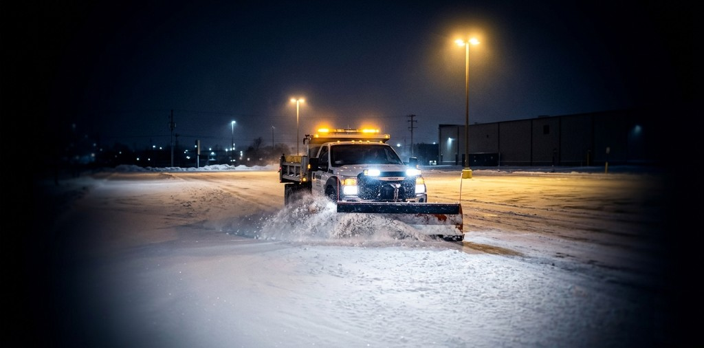 Snow plow clearing a parking lot at night